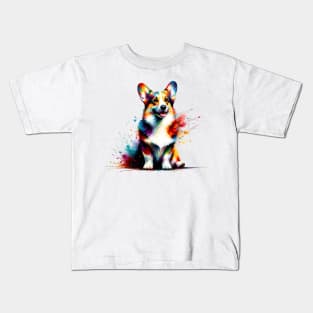 Joyful Colorful Splash Cardigan Welsh Corgi Portrait Kids T-Shirt